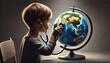 © EdgarDaniel - Niño con estetoscopio escucha al mundo con la esperanza de salvarlo del cambio climático. mirada esperanzadora. La niñez es nuestra esperanza.