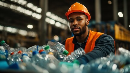 Poster - A man in an orange safety vest is sorting through a pile of plastic bottles