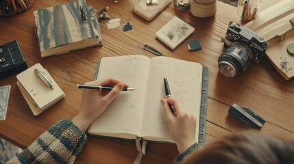 Poster - Writing in a Journal on a Wooden Desk