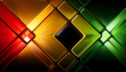 Aufkleber - Colorful geometric abstract design with red, yellow, green, and black shapes illuminated by light