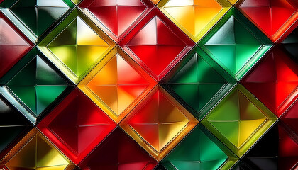 Aufkleber - Colorful geometric pattern of red, green, and yellow diamond shapes illuminated in bright light