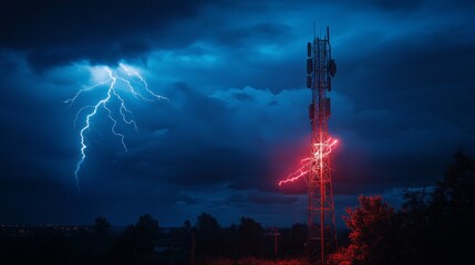 Poster - A tall tower with red lights on top of it