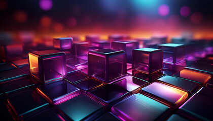 Aufkleber - Colorful translucent cubes glowing under dynamic lights in an abstract digital landscape