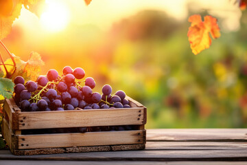 Wall Mural - Fresh organic grapes in a crate on a wooden table. Harvesting time, vineyard in the background