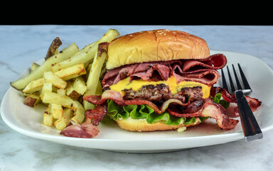 Wall Mural - roast beef  bacon cheese burger with fries