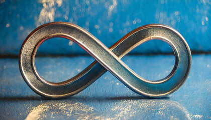 Wall Mural - Metal infinity sign on grungy blue background. Concept of eternity, endless and unlimited.