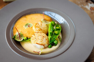 Wall Mural - Scallops with shrimp foam, cauliflower cream and green peas on a plate. Delicious healthy seafood closeup served for lunch on a table in modern gourmet cuisine restaurant