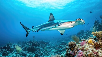 Wall Mural - Hammerhead Shark Swimming Above Coral Reef