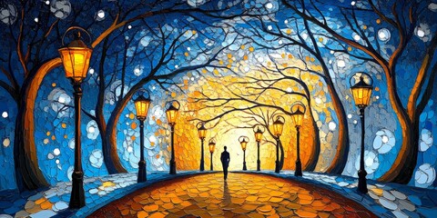 A man walks on a vibrant path illuminated by surreal street lamps under a night sky. The artwork, rich in pointillism technique, captures vivid colors of blue, yellow, and red, combined with orange li