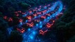 © jaykoppelman - A residential neighborhood of suburban houses illuminated with neon lights showcasing an innovative and futuristic community of homes using future smart technology