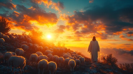 Poster - A man dressed in white is leading a flock of sheep