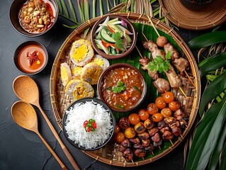 Korean food ingredients on black background. Top view, flat lay