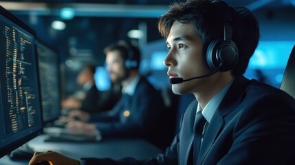 Cybersecurity experts are equipped with headsets, intently monitoring and managing network operations