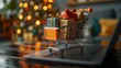 © jaykoppelman - A miniature shopping cart with gift boxes placed on a laptop keyboard, symbolizing online holiday shopping and the convenience of e-commerce for festive purchases of presents at Christmas time
