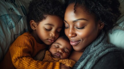 A mother is holding her two children, one of whom is sleeping