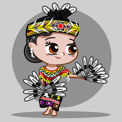 CIMAHI,INDONESIA-AUGUST 9, 2024-An Indonesian cute chibi kawaii girl does Enggang Kalimantan dance wear traditional dress. Character illustration for collection, poster,background,wallpaper,sticker.