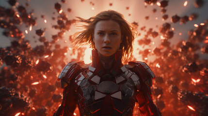 action shot with woman in the sci-fi battle scene, superhero surrounded by sparkles. dynamic scene i