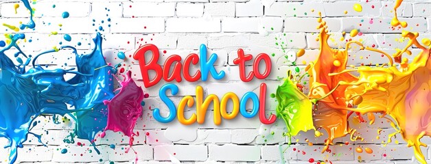 Colorful Back to School Banner with Paint Splashes on White Brick Wall