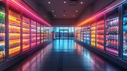 A neon-lit refrigerator aisle in a modern supermarket at night, showcasing colorful drinks and vibrant, futuristic retail design