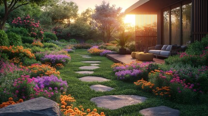 Wall Mural - A garden path with stone steps and blooming flowers in a picturesque manicured backyard, creating a beautiful and serene outdoor space with a patio space and outdoor seating with a sofa