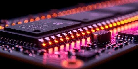 Wall Mural - Close-up of an illuminated microchip with neon circuits.