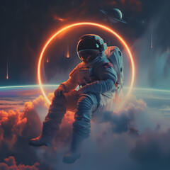 Wall Mural - spaceman or astronaut sitting, surrounded by neon lights