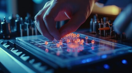 Canvas Print - Close-up of a hand interacting with a futuristic control panel