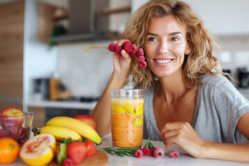 woman preparing and eating fruit before making a smoothie