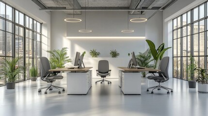 Poster - A large open office space with three desks and three chairs