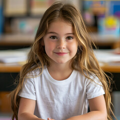 Sticker - Cute Grade School Girl with Expressive Eyes: Plain White T-Shirt in Classroom