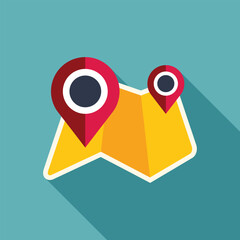 Poster - Flat design style illustration of a folded paper map with two red location pins showing destination points