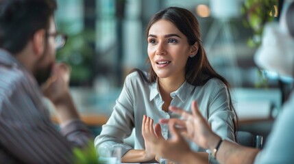 A woman is talking to two other people at a table