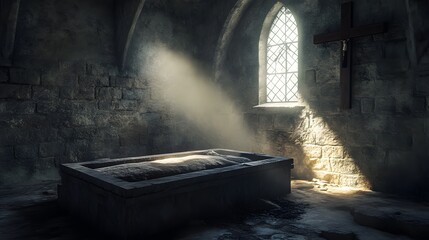 A cinematic shot of the tomb where Jesus was born, with an open door and cross on top, stone walls, stones scattered around, soft light