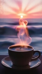 Canvas Print - A cup of hot coffee with steam coming from it against the background of the rising sun at sea