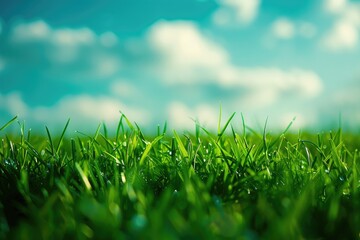 Wall Mural - Grass Spring. Beautiful Field of Spring Grass with Blue Sky in Nature Landscape