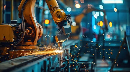 Industrial robotic arm welding metal pipes in a factory setting during the day