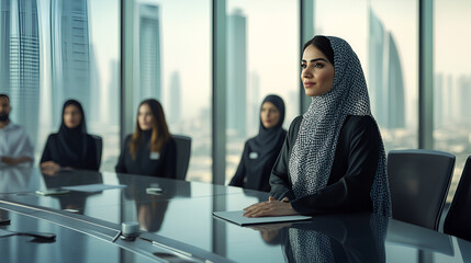 Wall Mural - Emirati Woman Leading Diverse Team in Modern Conference Room