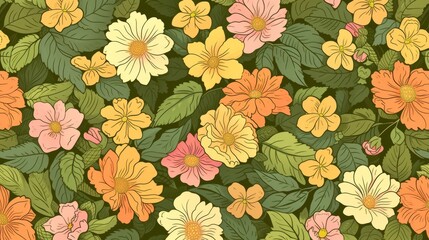 Wall Mural - Floral pattern with an array of flowers and leaves