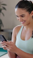 Poster - Cellphone, woman and smile for message, yoga and relax in gym, online and happy for communication. Health club, mobile and texting of girl on app, rest or person on break, pilates and workout