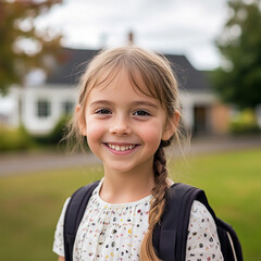 Wall Mural - Back to school portrait of a young girl with a backpack on and a school background