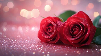 Wall Mural - two red roses with dew drops lie on the surface with a blurred pink background