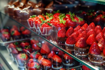 Wall Mural - Baked Goods. Delicious Strawberry Cake and Chocolate Treats in Bakery Display Case