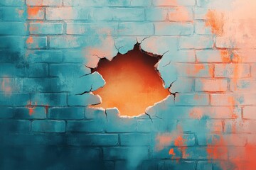 Canvas Print - A Hole in a Blue and Orange Brick Wall