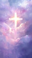 Wall Mural - A cross with clouds behind it, shining light in the sky. The background is an abstract painting of purple and yellow colors.