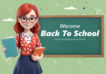 Welcome back to school background with 3d girl cartoon character wearing glasses and holding books