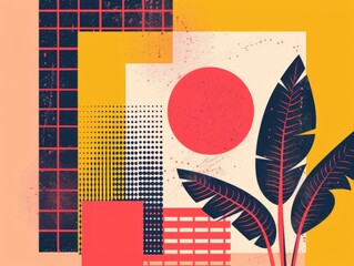 Aufkleber - geometric bauhaus leaf illustration in 80s style with abstract forms and bright colors