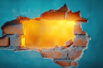 Poster - A Hole in a Blue Wall Revealing a Glowing Orange Background