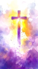 Wall Mural - A cross with clouds behind it, shining light in the sky. The background is an abstract painting of purple and yellow colors.