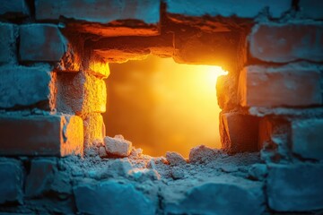 Canvas Print - Glowing Sunset Through a Hole in a Brick Wall