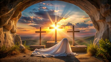 Sticker - A symbolic image of hope and faith with a white cloth representing resurrection, crosses symbolizing sacrifice, and the sunrise representing a new beginning.